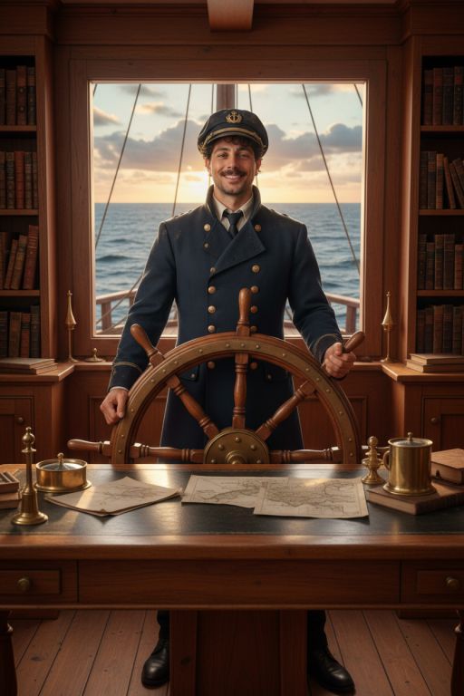 Captain of a big ship, holding the helm, captain's cabin, full body shot