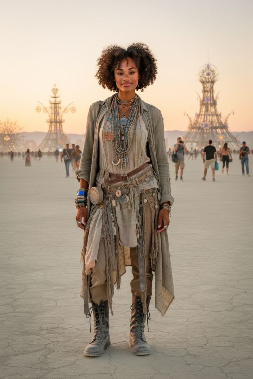 This young woman at Burning Man festival, wearing burning man outfit, late evening, full body shot, vintage boots, thin body