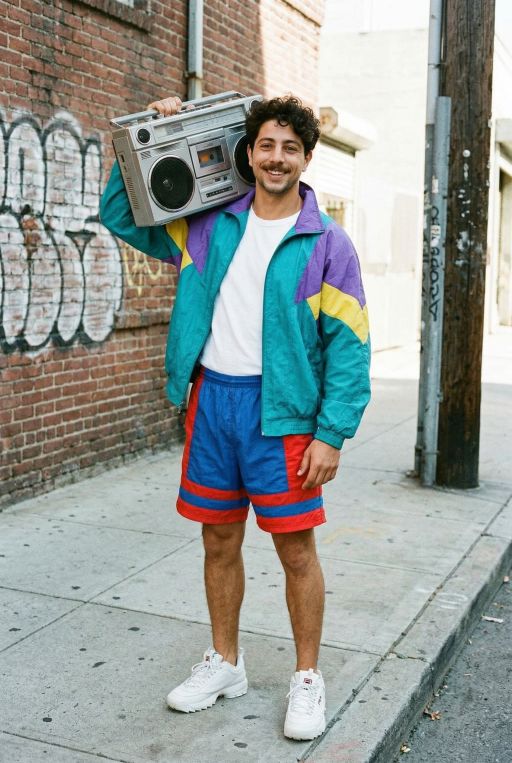 Wearing 90s style clothes, retro sports jacket, retro shorts, boom box stereo