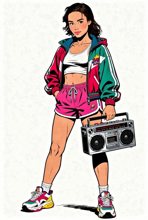 A comic book style illustration of this Asian woman wearing 90s style clothes, retro sports jacket, retro shorts, boom box stereo