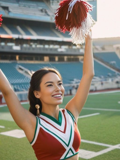 Wearing cheer leader outfit at a football stadium, sunny morning