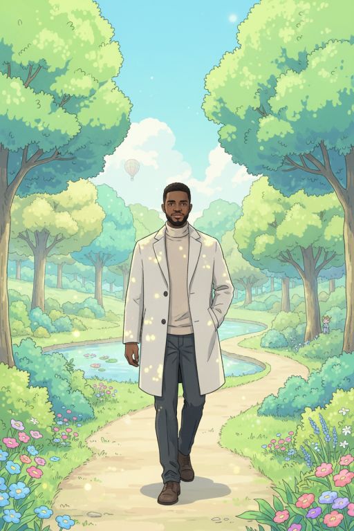 Studio Ghibli style illustration of this man, walking in a park in summer, graphic illustration, pastel colours, vibrant, highly detailed