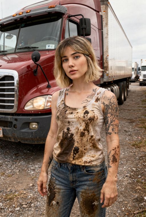 This young woman is a big truck driver, clothes covered in oil and dirt, she is standing near very big truck