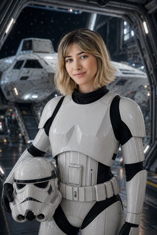 Wearing a sci-fi storm trooper costume, spaceship in background