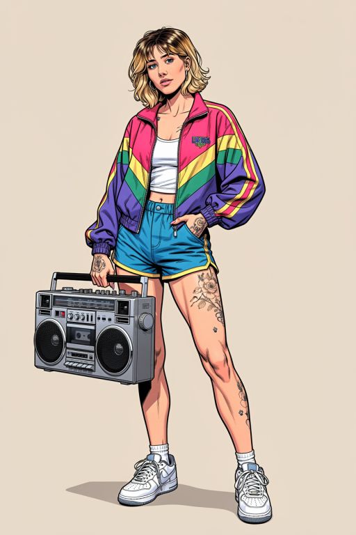 A comic book style illustration of this Caucasian woman wearing 90s style clothes, retro sports jacket, retro shorts, boom box stereo