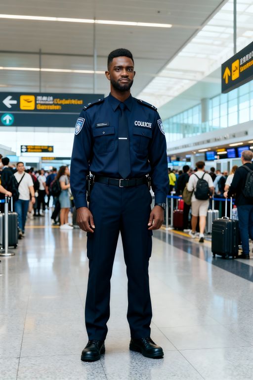 This man is a security guard in the airport, serious face, rush hour, full body shot