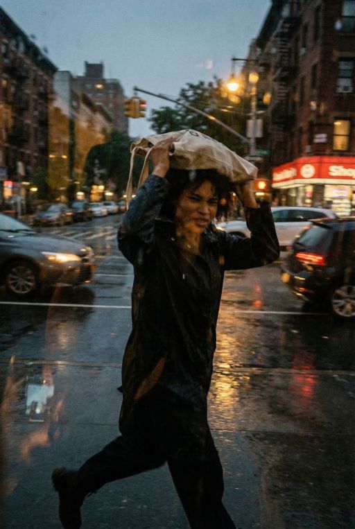 Caught in rain, Running across a street holding a bag over head, wet clothes, blurry, motion blur, taken through a window with reflections visible, phone camera, out of focus, dark and underexposed