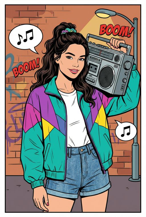 A comic book style illustration of this Asian woman wearing 90s style clothes, retro sports jacket, retro shorts, boom box stereo