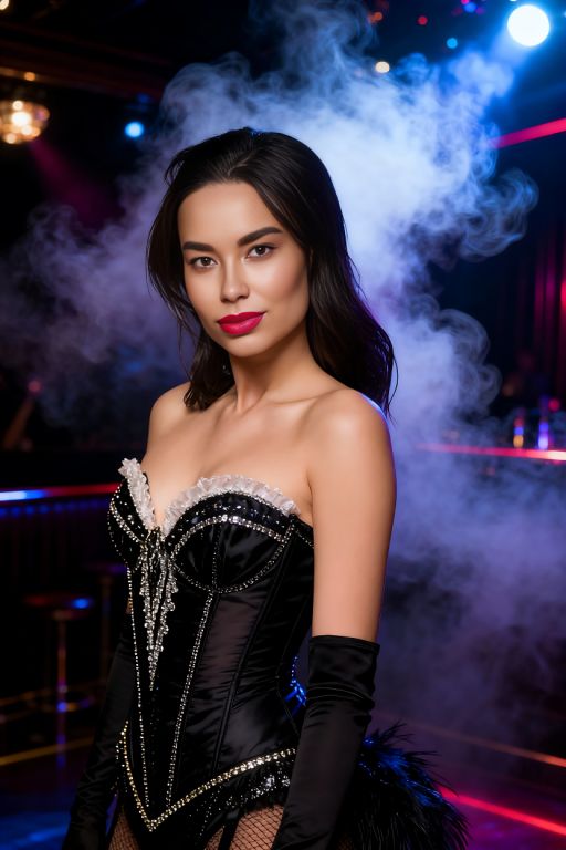 This Asian woman is wearing Cabaret style clothes, dark night club full of smoke