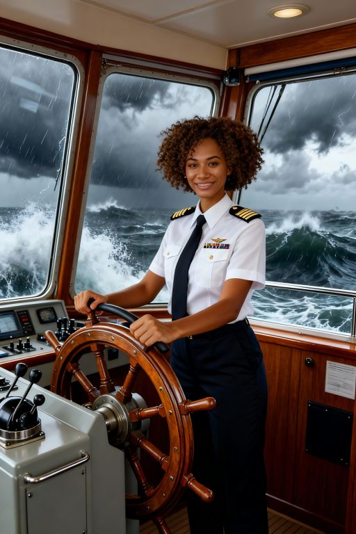 This woman is a captain of a big ship, holding the helm, captain's cabin, full body shot, storm weather