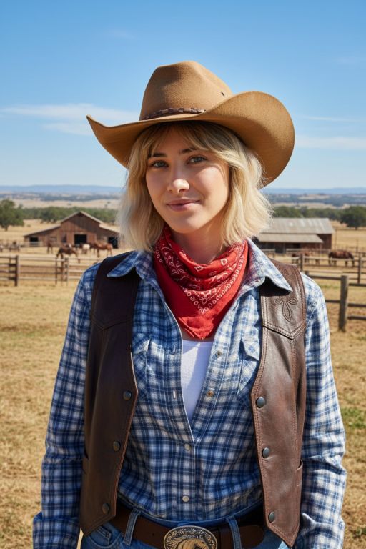 Wearing American cowboy clothes, a big ranch in the background