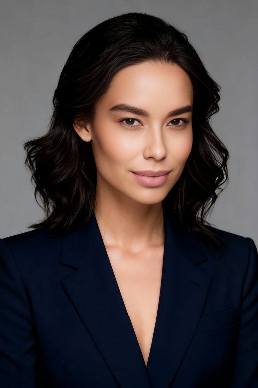 Professional headshot for this woman, confident business executive, navy suit, neutral gray background, soft studio lighting, sharp focus, corporate portrait