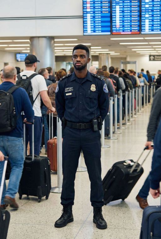 This man is a security guard in the airport, serious face, rush hour, full body shot