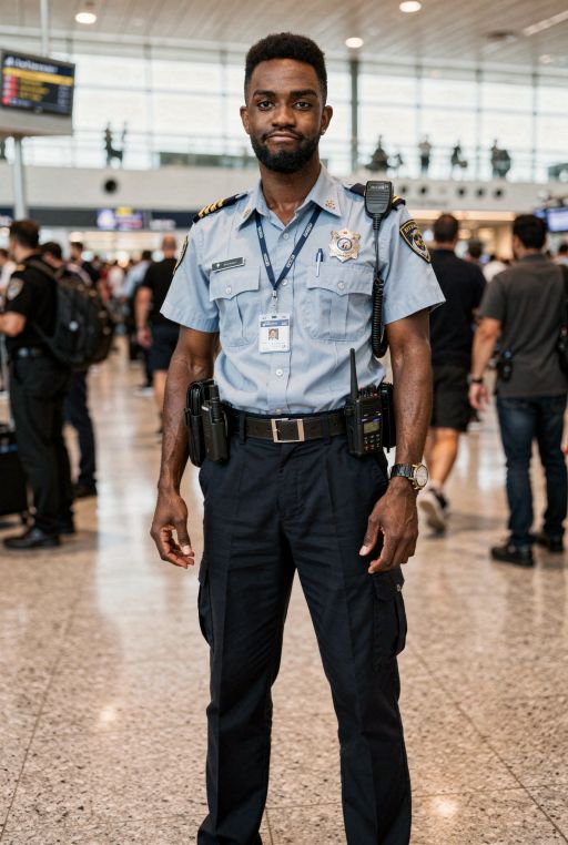 This man is a security guard in the airport, serious face, rush hour, full body shot