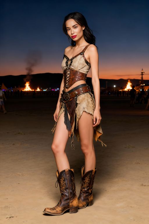 This Asian young woman is at Burning Man festival, wearing burning man outfit, late evening, full body shot, vintage boots, thin body