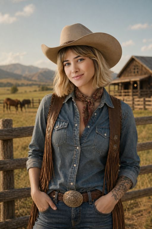 Wearing American cowboy clothes, a big ranch in the background