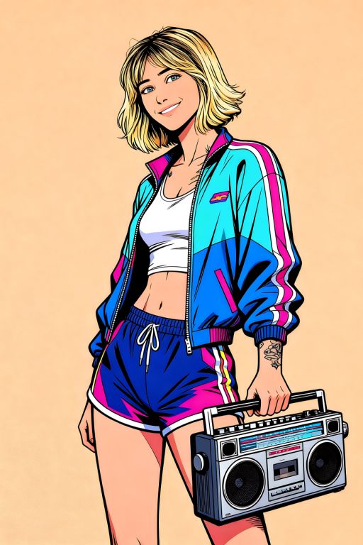 A comic book style illustration of this Caucasian woman wearing 90s style clothes, retro sports jacket, retro shorts, boom box stereo