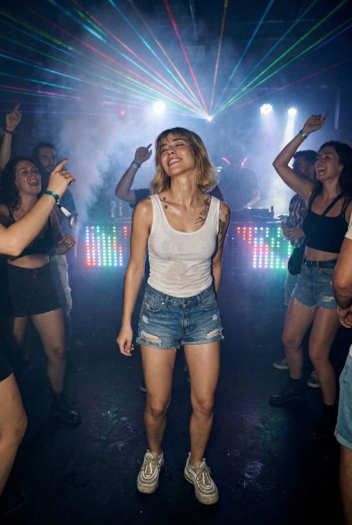 Wearing sweaty tank top and shorts, rave in a dark night club, polluted air, full body shot, wearing sneakers