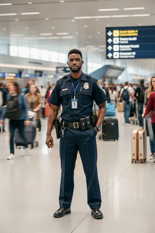 This man is a security guard in the airport, serious face, rush hour, full body shot