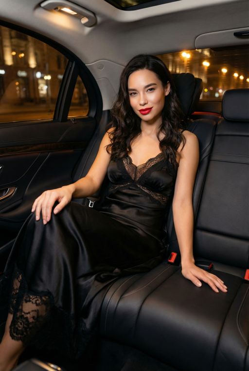 A professional photo of this East Asian woman wearing beautiful black night dress, sitting in a premium car with leather seats, high resolution, professional quality, evening light, full body photo