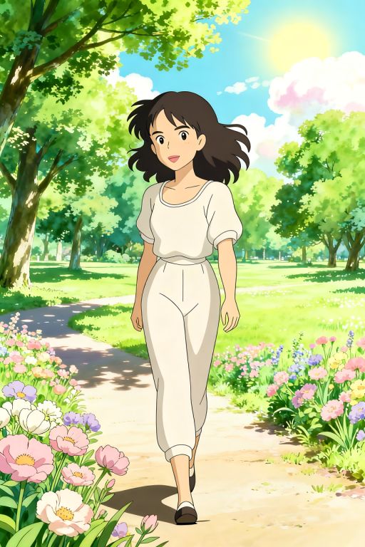 Studio Ghibli style illustration of this woman, walking in a park in summer, graphic illustration, pastel colours, vibrant, highly detailed