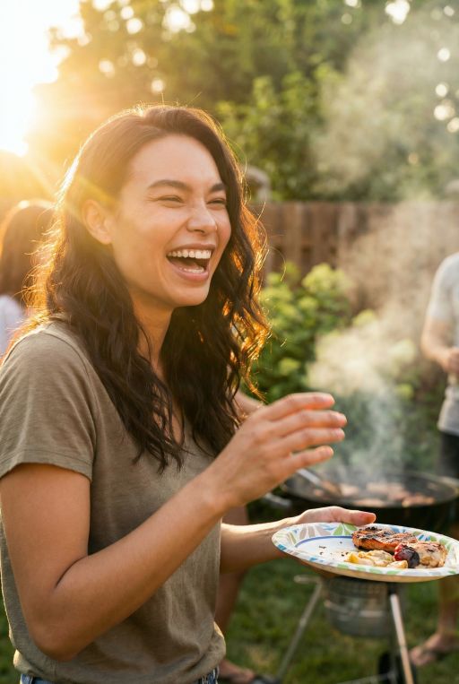 Standing in a sunlit backyard holding a paper plate, mouth open mid-laugh, eyes squinting, slight motion blur on one hand, charcoal grill smoking in the background, golden hour lens flare bleeding into the frame