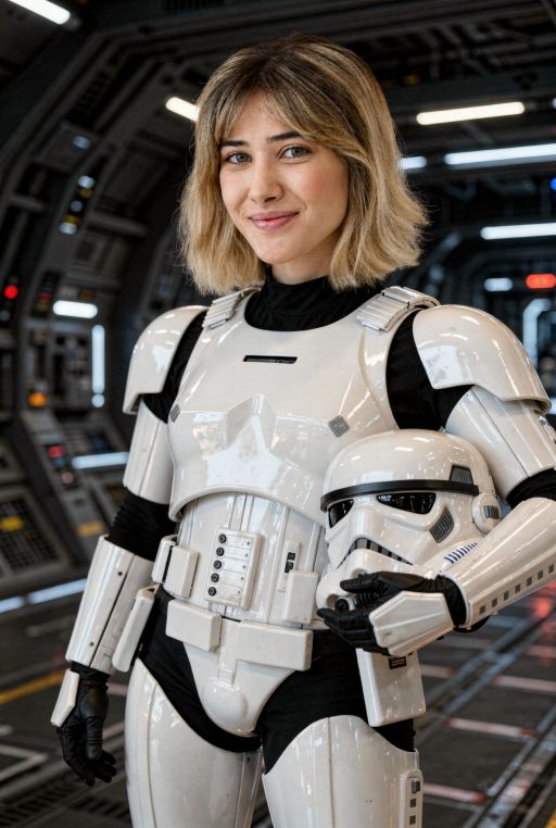 This young caucasian woman wearing a sci-fi storm trooper costume, spaceship in background