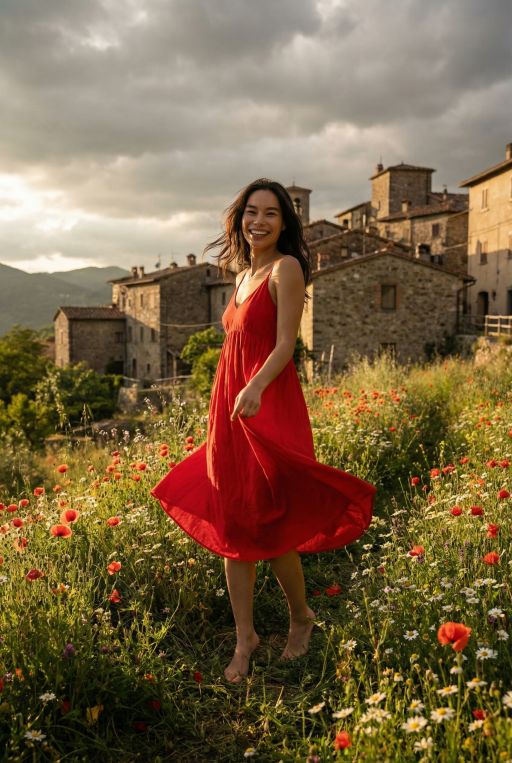 A full body portrait of this young asian woman, full body, smiling, wearing a red dress, dancing, barefeet, background is italian village in the mountains, looking straight in camera, Standing on a meadow full of realistic flowers, in frame, moody light, golden hour