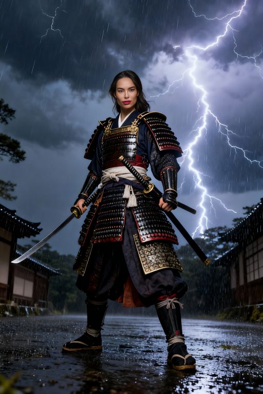 This Asian lady is wearing ancient Japanese samurai outfit, rainy day, lightnings in the sky, fierce look, full body shot, wide angle
