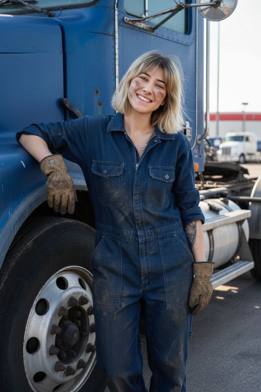 This young woman is a big truck driver, clothes covered in oil and dirt, she is standing near very big truck