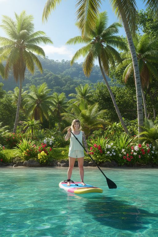 Riding an SUP, lush tropical surroundings
