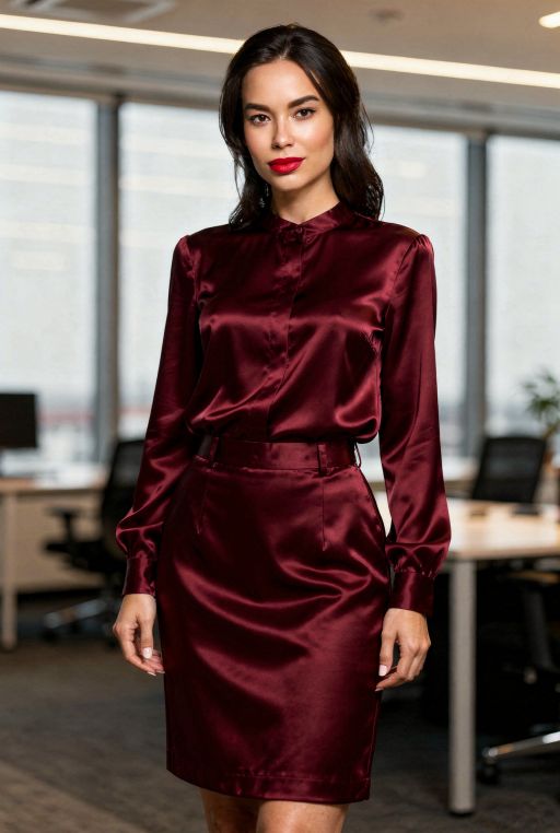 root wide shot of analog style modelshoot style, wearing dark red silk crop top and dark red silk skirt working in the office. posing for photo, crisp details, neutral expression, high-definition, sharp focus, ambient lighting, masterpiece, cinematic light, ultrarealistic, photorealistic, 8k, raw photo, realistic, sharp focus on eyes, symmetrical eyes, intact eyes, hyperrealistic, highly detailed, masterpiece, best quality, extremely detailed 8k wallpaper, masterpiece, best quality, ultra-detailed, best shadow, detailed background, detailed face, detailed eyes, high contrast, best illumination, detailed face, dulux, caustic, dynamic angle, detailed glow. dramatic lighting. highly detailed, insanely detailed hair, symmetrical, intricate details, professionally retouched, 8k high definition. strong bokeh. award winning photo.