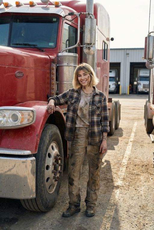 This young woman is a big truck driver, clothes covered in oil and dirt, she is standing near very big truck