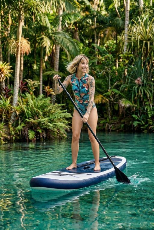 Riding an SUP, lush tropical surroundings