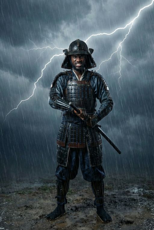 This man is wearing ancient Japanese samurai outfit, rainy day, lightnings in the sky, fierce look, full body shot, wide angle