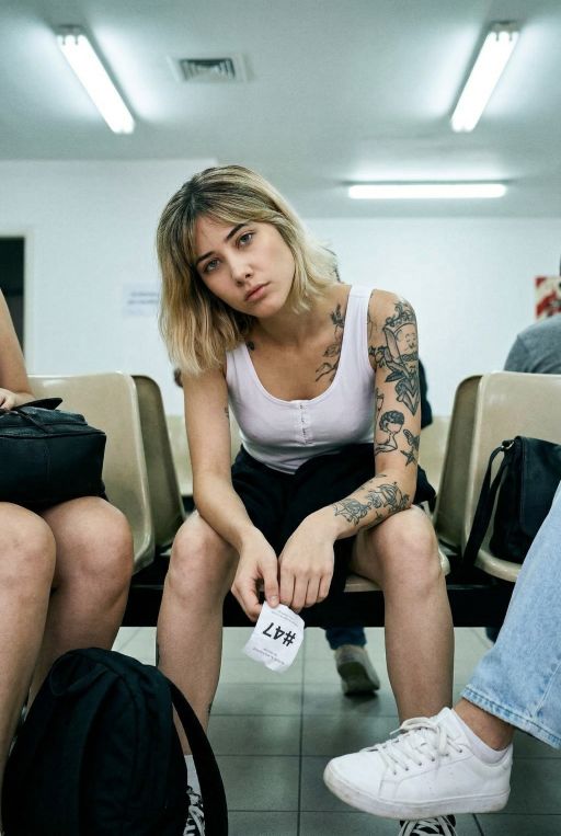 Slouched in a plastic chair under buzzing fluorescent tubes, holding a crumpled number ticket, bored expression, slightly washed-out colors, other people's knees visible at the edges, taken from the adjacent seat