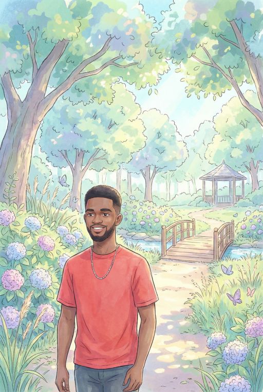 Studio Ghibli style illustration of this man, walking in a park in summer, graphic illustration, pastel colours, vibrant, highly detailed