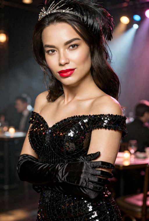 This Asian woman is wearing Cabaret style clothes, dark night club full of smoke