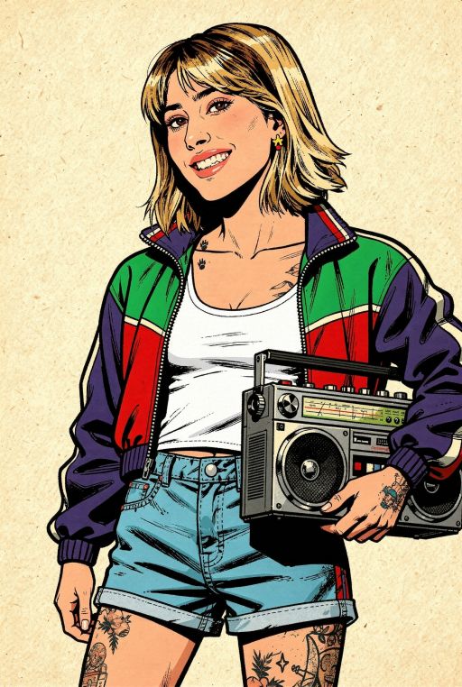 A comic book style illustration of this Caucasian woman wearing 90s style clothes, retro sports jacket, retro shorts, boom box stereo