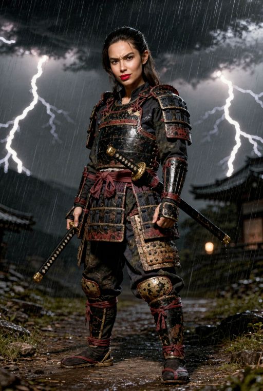 This Asian lady is wearing ancient Japanese samurai outfit, rainy day, lightnings in the sky, fierce look, full body shot, wide angle