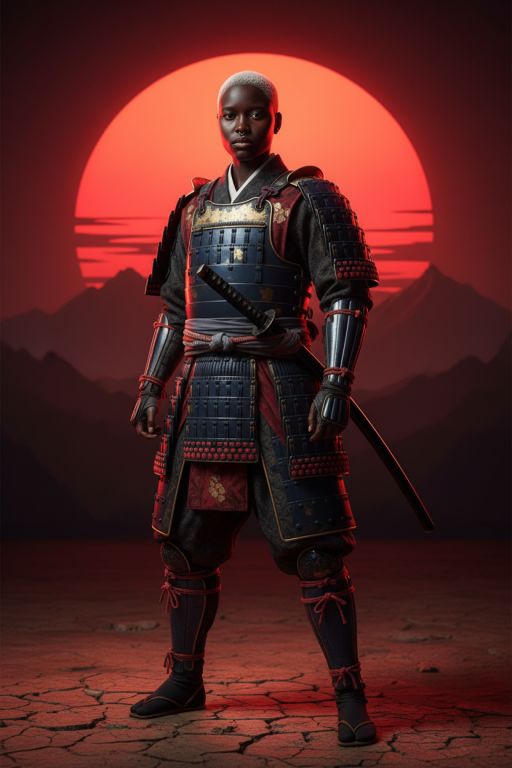 Wearing samurai clothes, red sun in background, full body shot