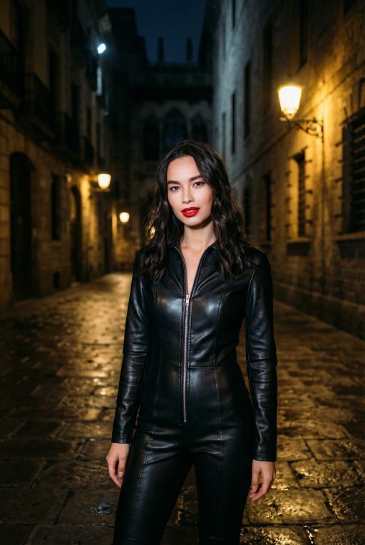 This young woman is wearing a black leather jumpsuit, standing in a dark cobblestone street in the night