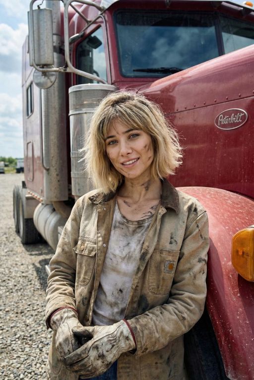 This young woman is a big truck driver, clothes covered in oil and dirt, she is standing near very big truck