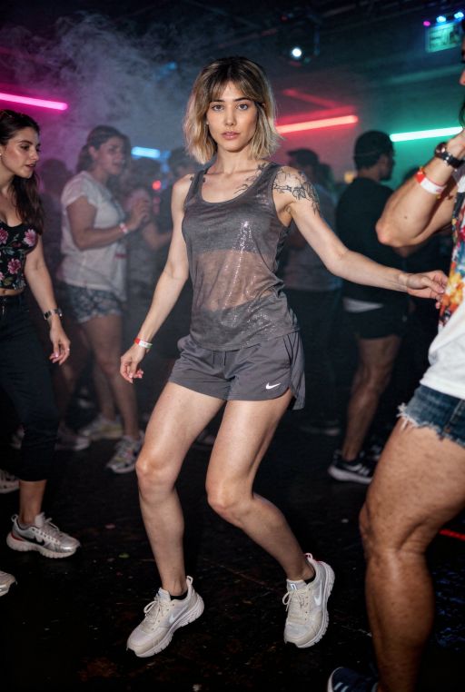 This caucasian young woman is wearing sweaty tank top and shorts, at a rave in a dark night club, polluted air, full body shot, wearing sneakers