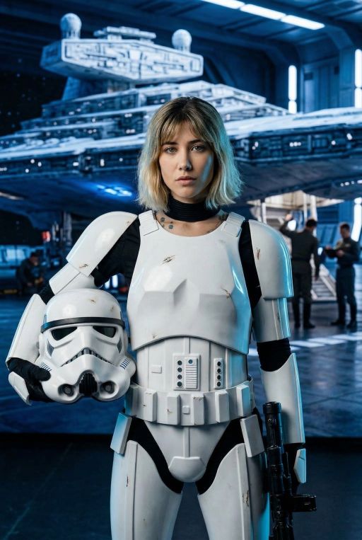 Wearing a sci-fi storm trooper costume, spaceship in background