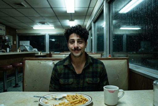 Sitting alone in a fluorescent-lit diner booth at 2am, half-eaten plate of fries, coffee cup with lipstick stain, harsh overhead lighting casting unflattering shadows, rain visible through the window, shot slightly crooked like someone across the table snapped it