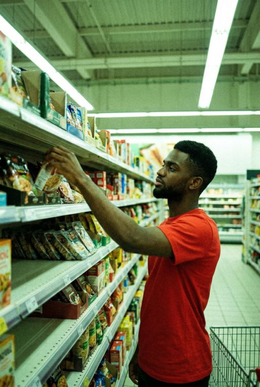 at a grocery store - reaching for something on a shelf in an empty supermarket aisle, grainy low light phone photo, slightly blurry, greenish fluorescent tint, shopping cart half visible at the edge