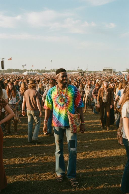 Attending Woodstock Festival in 1969, wearing hippie clothes, ((full body shot))