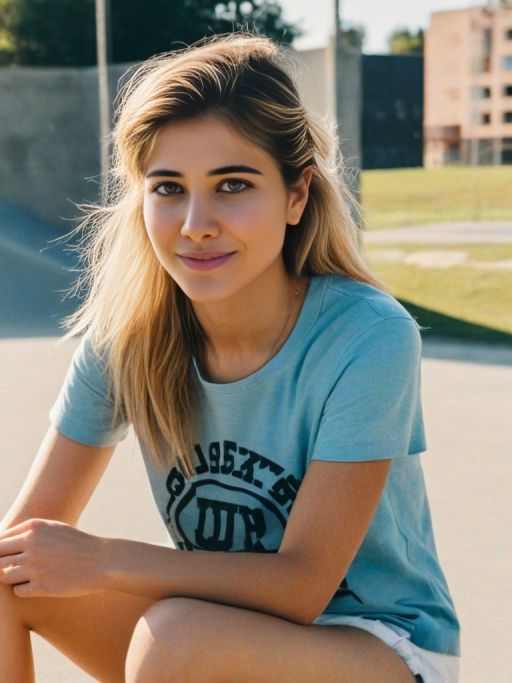 Sitting in a skate park, holding a skate board, bruises on knees, sunny day, wearing shorts and t-shirt